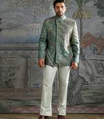 Teal Blue embroidered linen bandhgala set