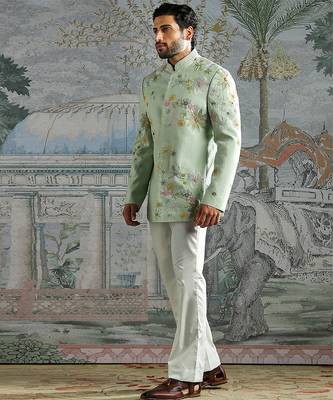 green embroidered linen bandhgala set for men 2