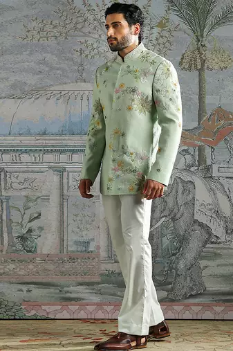 green embroidered linen bandhgala set for men