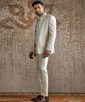 white embroidered organza bandhgala set for men 2