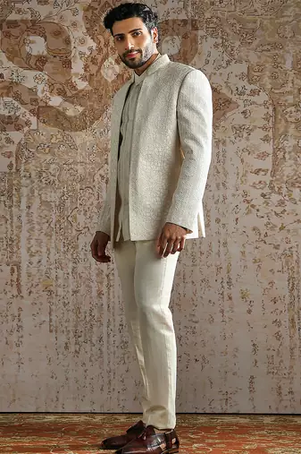 white embroidered organza bandhgala set for men