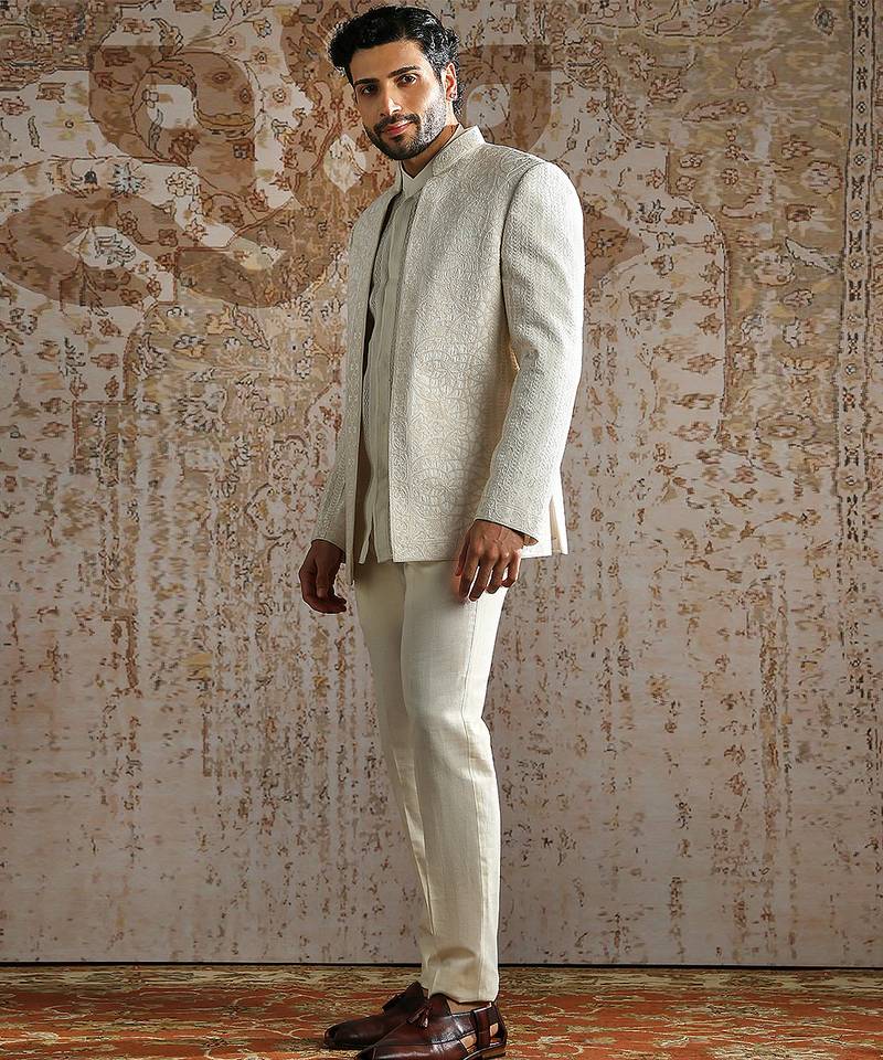 White embroidered organza bandhgala set