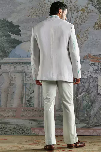white embroidered linen jodhpuri suit for men