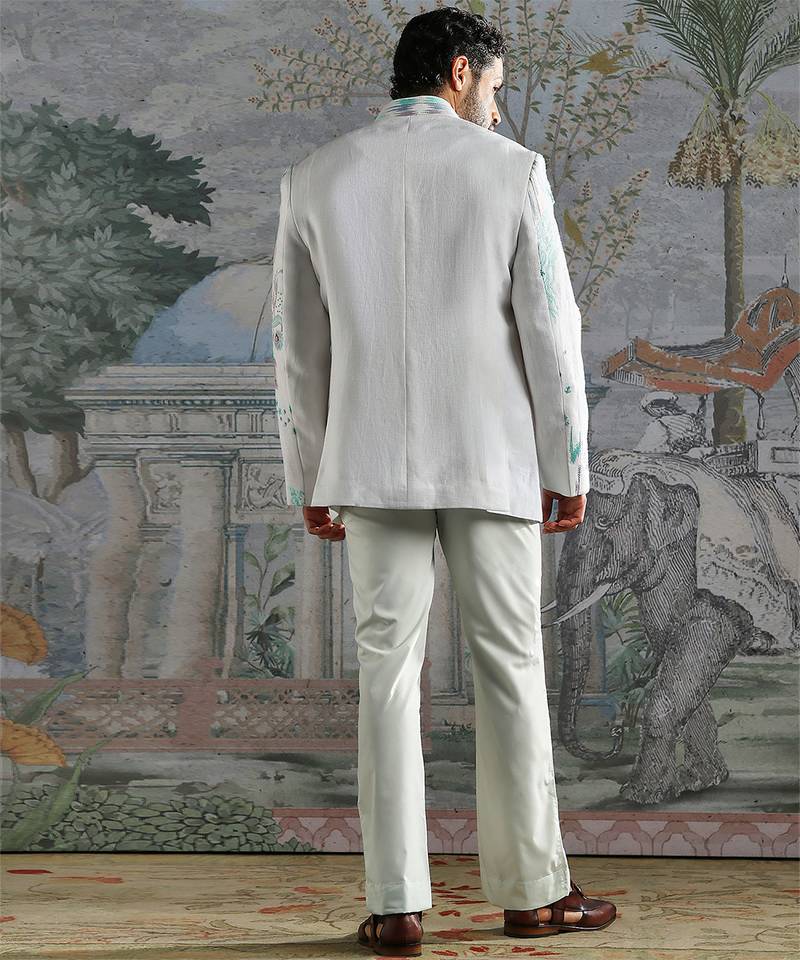 Frost White embroidered linen bandhgala set
