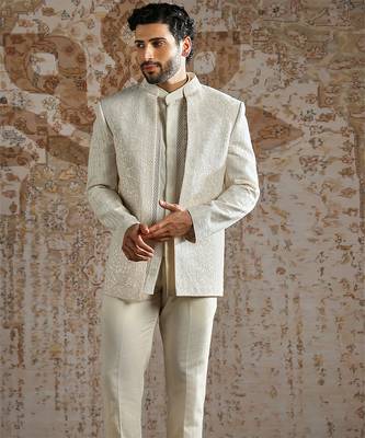 white embroidered organza bandhgala set for men 3