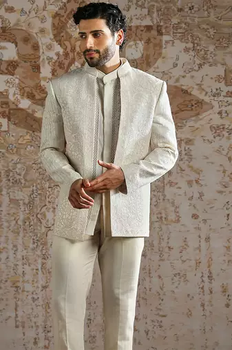 white embroidered organza bandhgala set for men