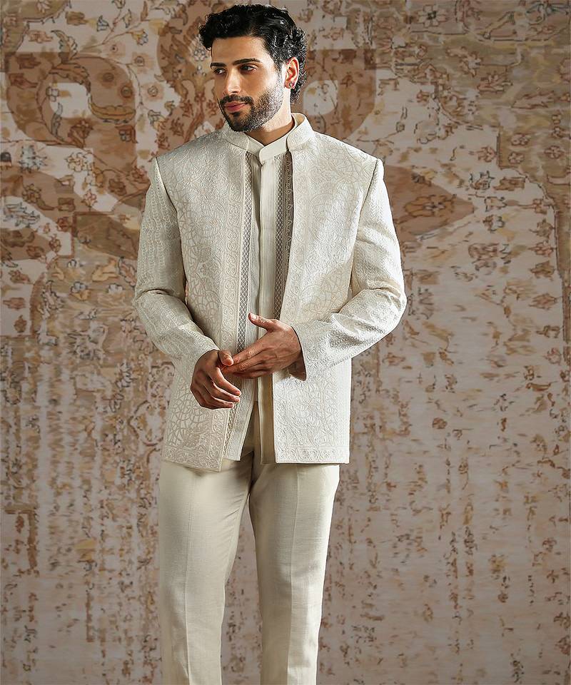 White embroidered organza bandhgala set