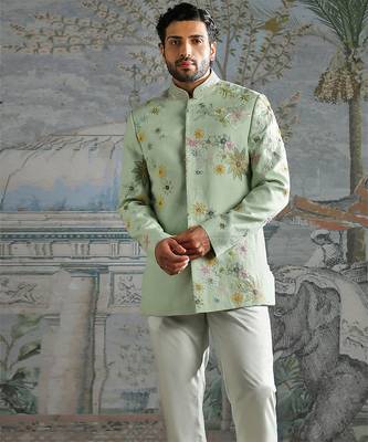 green embroidered linen bandhgala set for men 3