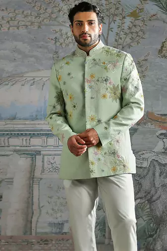 green embroidered linen bandhgala set for men