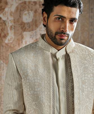 white embroidered organza bandhgala set for men 4
