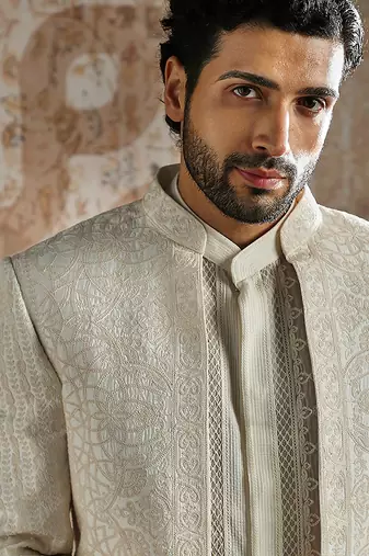white embroidered organza bandhgala set for men