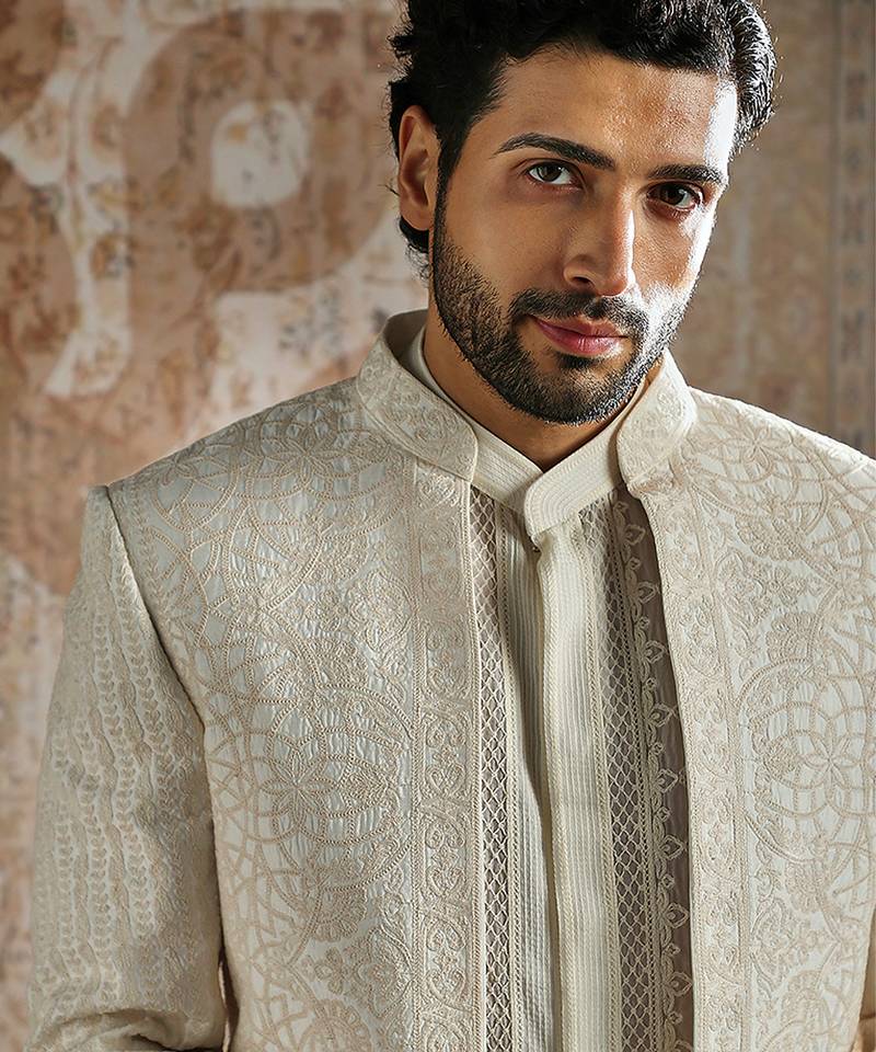 White embroidered organza bandhgala set