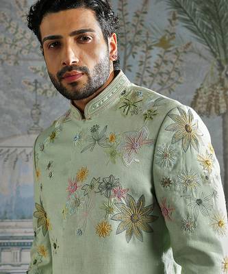 green embroidered linen bandhgala set for men 4