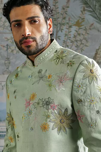 green embroidered linen bandhgala set for men