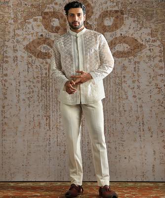white embroidered organza bandhgala set for men 5