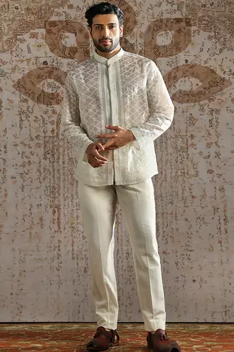 white embroidered organza bandhgala set for men