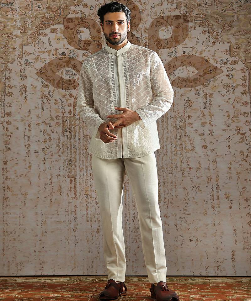 White embroidered organza bandhgala set