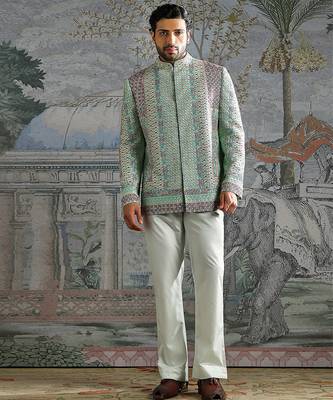 green embroidered silk bandhgala set for men 1