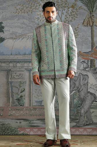 Green embroidered silk bandhgala set