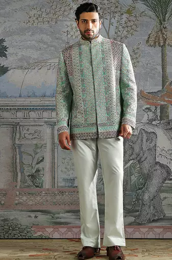 Green embroidered silk bandhgala set