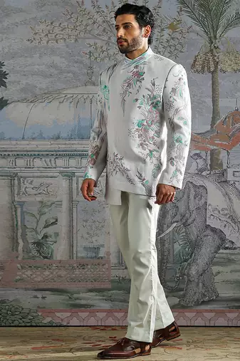 white embroidered linen jodhpuri suit for men