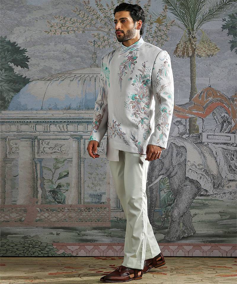 Frost White embroidered linen bandhgala set