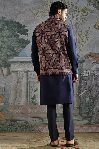 Navy Blue embroidered pashmina kurta bundi set
