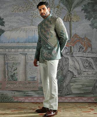 blue embroidered linen bandhgala set for men 2