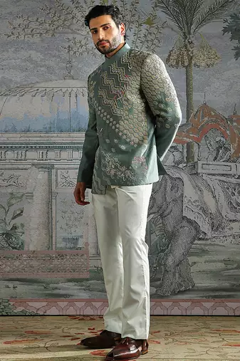 blue embroidered linen bandhgala set for men