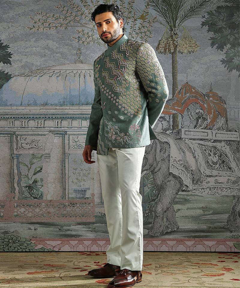 Teal Blue embroidered linen bandhgala set