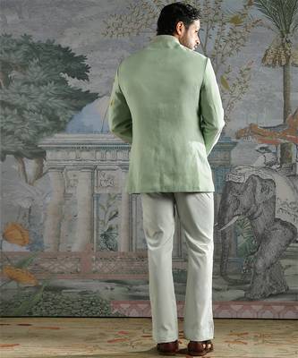 green embroidered linen bandhgala set for men 5