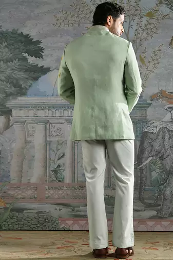 green embroidered linen bandhgala set for men