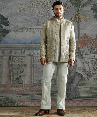 beige designer embroidered bandhgala set for men 1