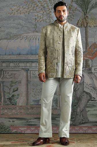 Beige embroidered jacquard bandhgala set