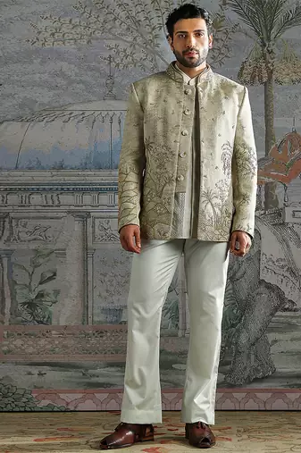 Beige embroidered jacquard bandhgala set