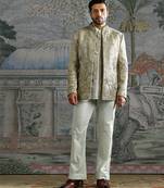 Beige embroidered jacquard bandhgala set