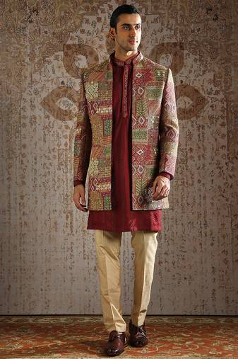 Maroon embroidered pashmina indo western set