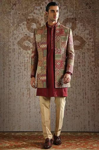 Maroon embroidered pashmina indo western set