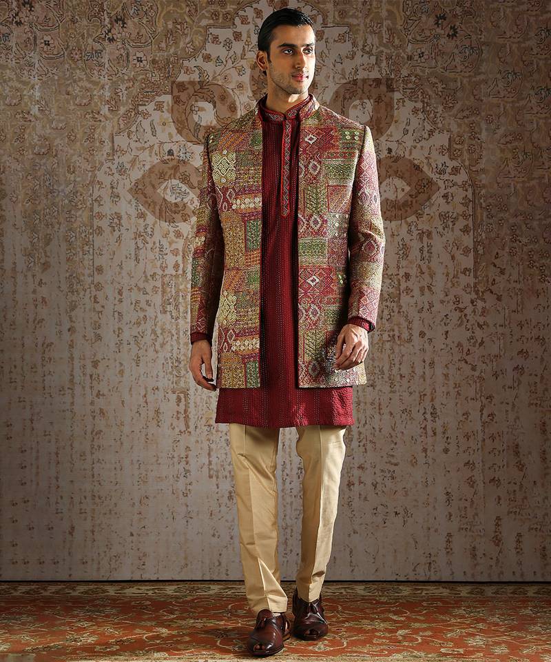 Maroon embroidered pashmina indo western set