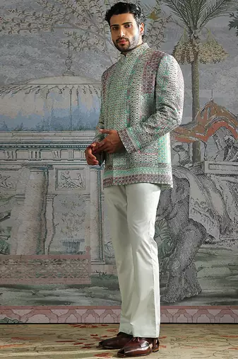 green embroidered silk bandhgala set for men