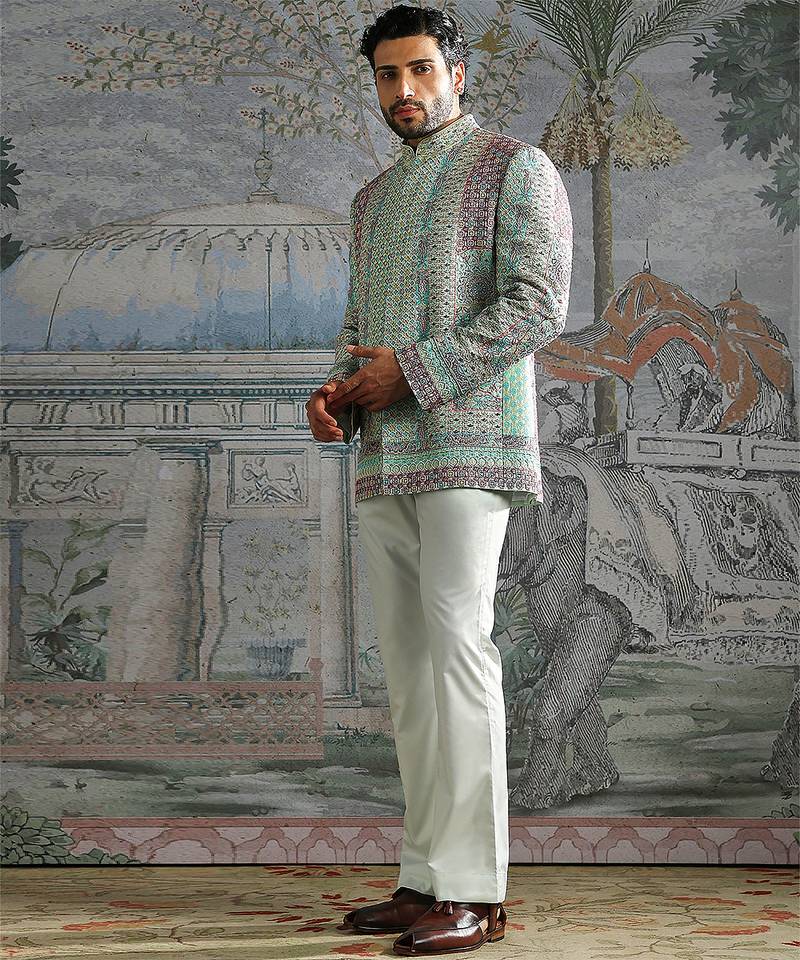 Green embroidered silk bandhgala set