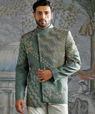 blue embroidered linen bandhgala set for men 3
