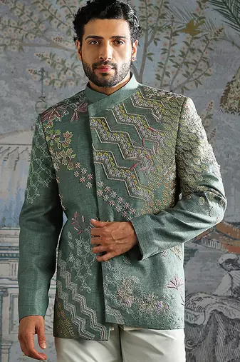 blue embroidered linen bandhgala set for men