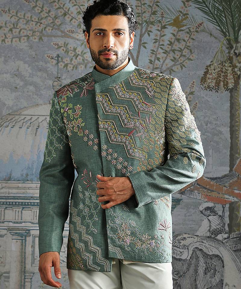 Teal Blue embroidered linen bandhgala set