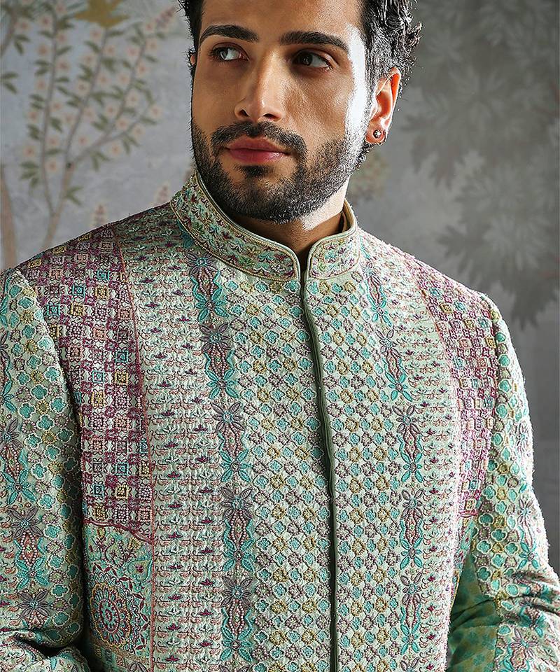Green embroidered silk bandhgala set