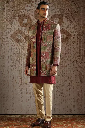 Maroon embroidered pashmina indo western set