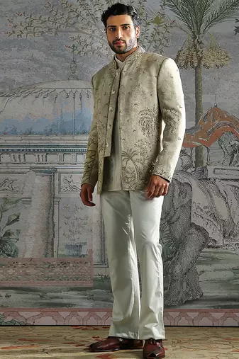 beige designer embroidered bandhgala set for men