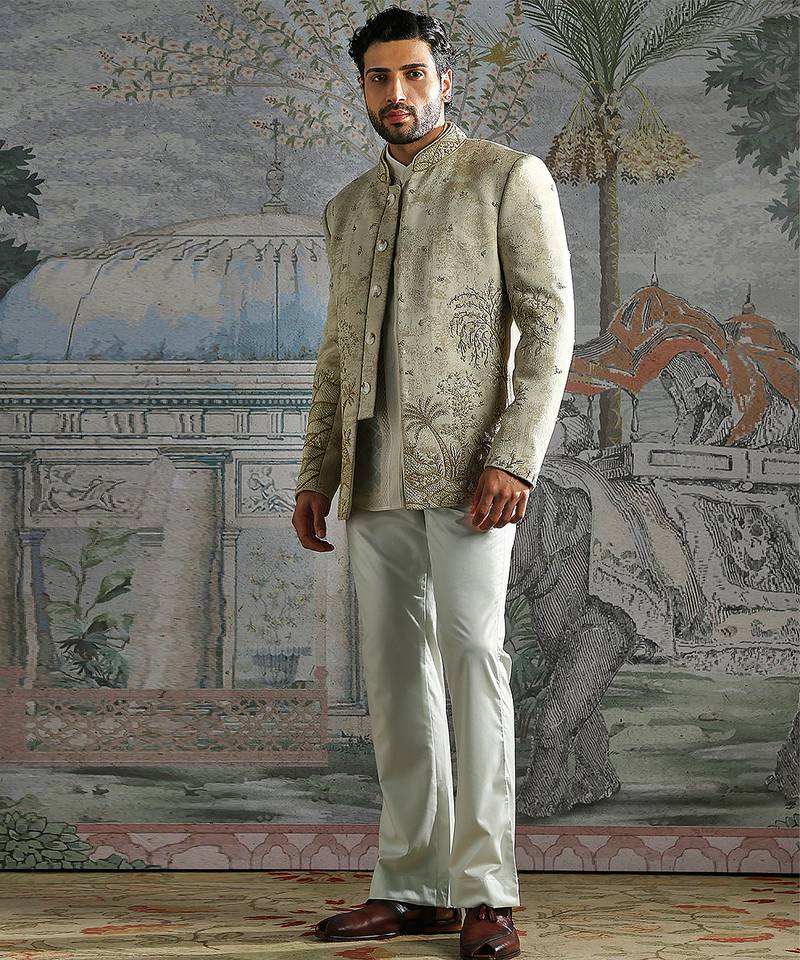 Beige embroidered jacquard bandhgala set