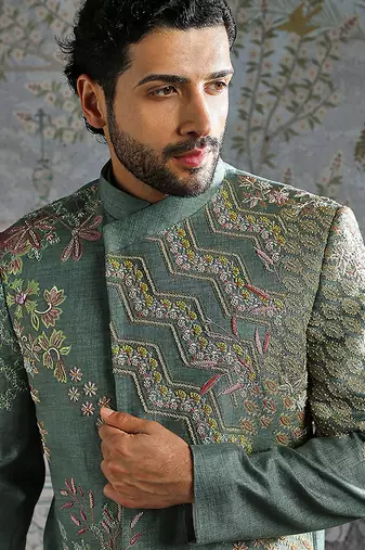 blue embroidered linen bandhgala set for men