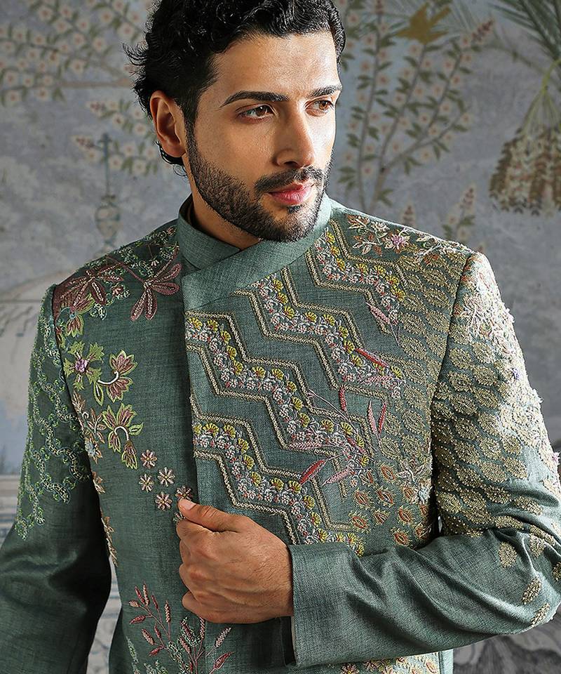 Teal Blue embroidered linen bandhgala set